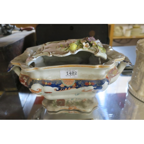 1402 - ANTIQUE SOUP TERRINE, AND A MAJOLICA STYLE STAND