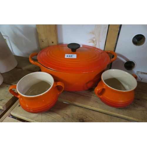 448 - LE CREUSET COOKING POT WITH TWO SOUP BOWLS