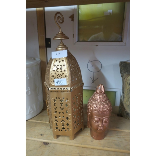 438 - MOROCCAN STYLE CANDLE LANTERN AND BUDDHA HEAD