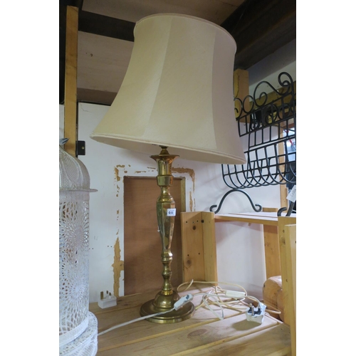 444 - LARGE BRASS LAMPSTAND WITH CREAM LAMPSHADE