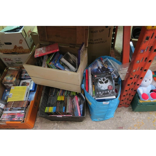 744 - WOODEN BOX, BASKET AND BAG OF CDS, DVDS