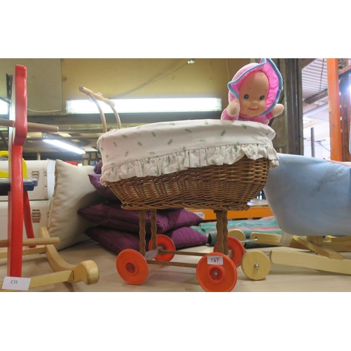 747 - TOY WICKER COT ON WHEELS