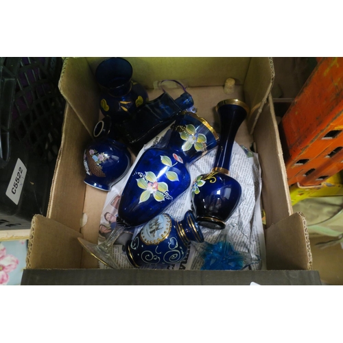 763 - BOX OF PAINTED PATTERNED BLUE GLASS VASES