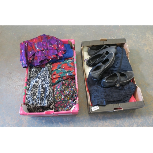 765 - TWO TRAYS OF LADIES CLOTHING AND FOOTWEAR