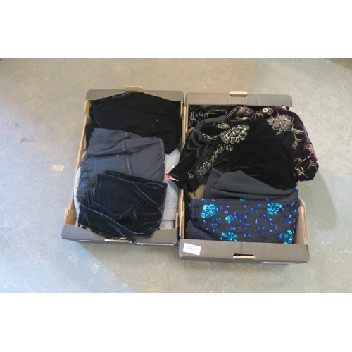 767 - TWO TRAYS OF LADIES CLOTHING INCLUDING EVENING WEAR