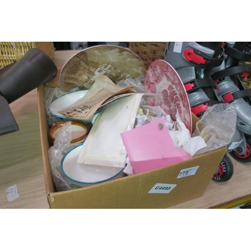 775 - BOX OF EPHEMERA, POTTERY AND PLATES