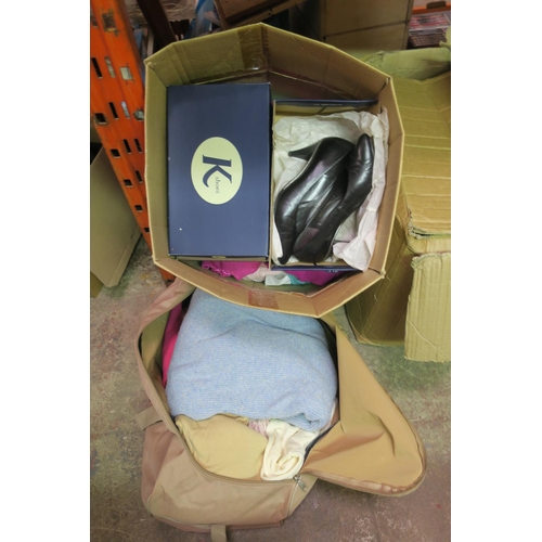 787 - BOX OF HEELED SHOES AND BAG OF CLOTHING