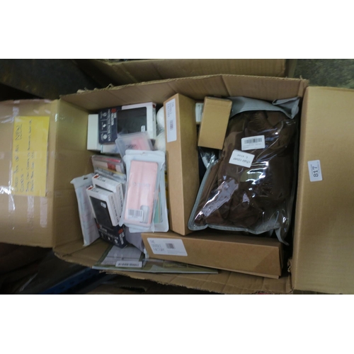 817 - LARGE BOX OF MIXED GOODS INCLUDING PHONE CASES, CHAIR COVERS, CAR ACCESSORIES AND OTHER MISCELLANEOU... 