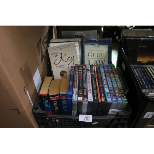 782 - CRATE OF DVDS, BOOKS AND DICTIONARIES