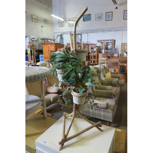 1092 - BAMBOO PLANT STAND & FAUX PLANTS