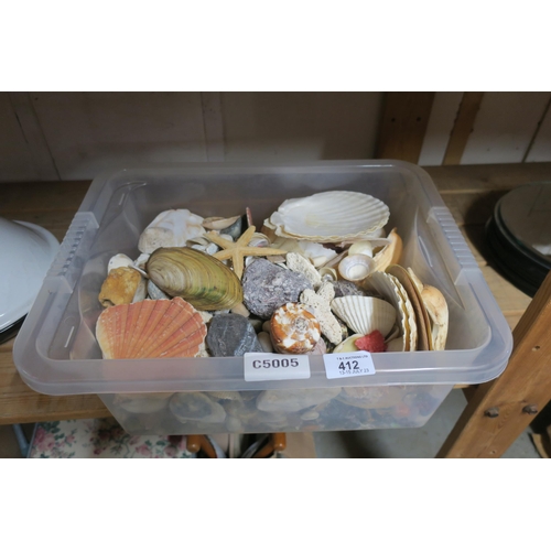 412 - TUB OF SHELLS AND SEMI PRECIOUS STONES