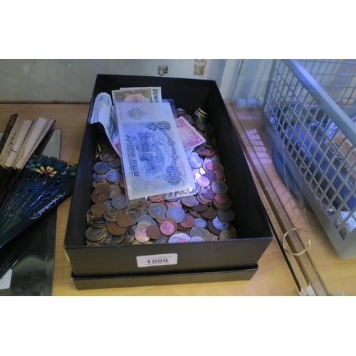 1508 - SHOEBOX FULL OF VARIOUS COINS AND NOTES