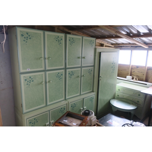 1748 - GREEN IVY LEAF DESIGN BEDROOM AND KITCHEN CUPBOARDS AND TABLES