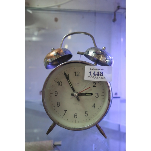 1448 - LC QUARTZ , SILVER TWO BELL TRADITIONAL ALARM CLOCK