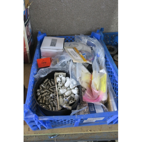 317 - SMALL BLUE CRATE OF ELECTRICAL COMPONENTS