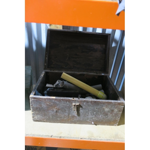 358 - VINTAGE WOODEN CRATE CONTAINING PLUMBING AND FENCING COMPONENTS