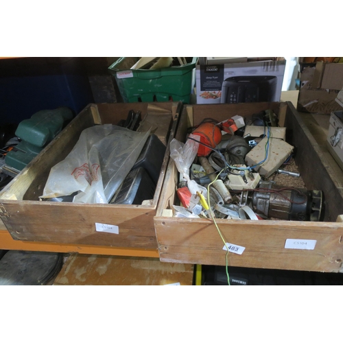 483 - 2 WOODEN BOXES CONTAINING SOME VINTAGE CAR ACCESSORIES AMONGST GARAGE ODDS