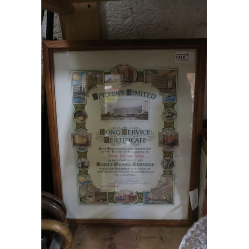 1410 - A FRAMED LONG-SERVICE CERTIFICATE FROM PILLARS LTD, 1960