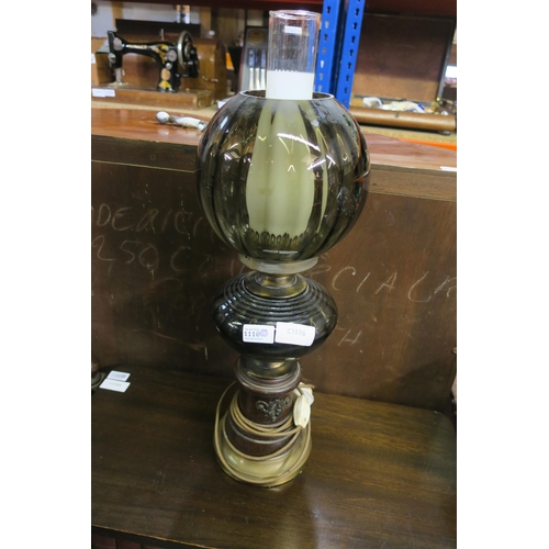 1110 - ELECTRIC TABLE LAMP WITH NICE SMOKEY GLASS, IN STYLE OF AN OIL LAMP