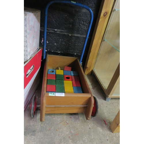 1164 - VINTAGE TOY CART & BUILDING BLOCKS