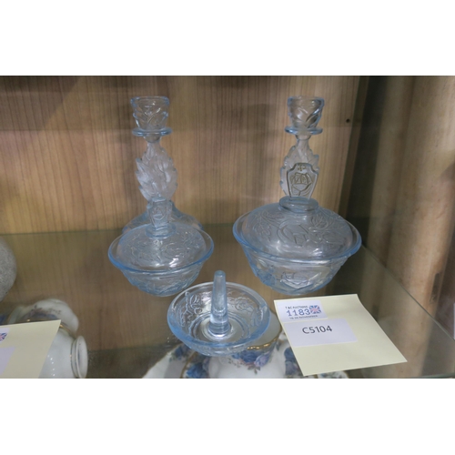 1183 - PRESSED GLASS DRESSING TABLE SET IN PALE BLUE