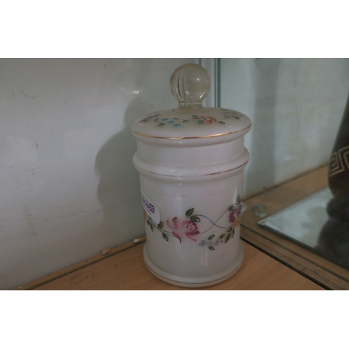 1460 - PRETTY HAND PAINTED MILK-GLASS STORAGE JAR