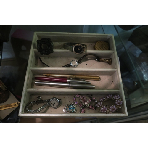 1503 - TRAY OF COSTUME JEWELLERY, COMPACT, PENS AND WAX SEAL