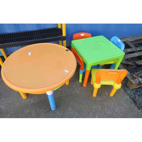 27 - 2 CHILDRENS PLAY TABLES AND 3 CHAIRS