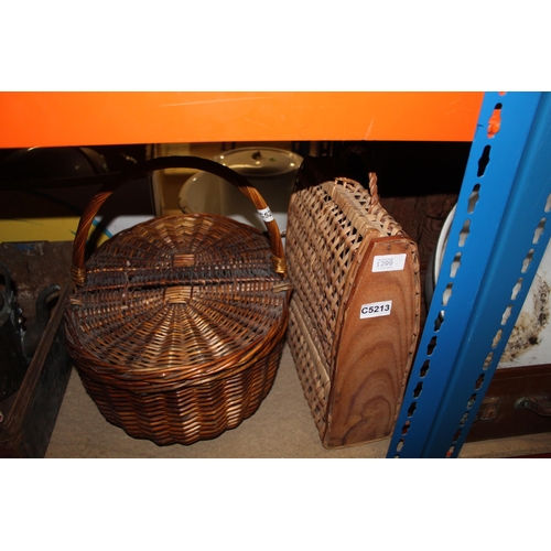 1299 - VINTAGE WICKER HAMPER AND BOTTLE CADDY