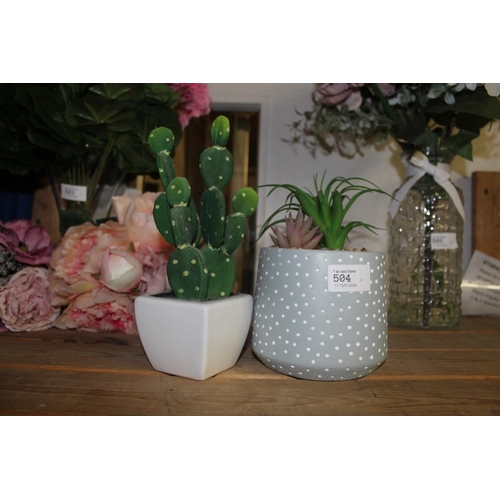 504 - 2 CERAMIC POTS WITH FAUX CACTI PLANTS