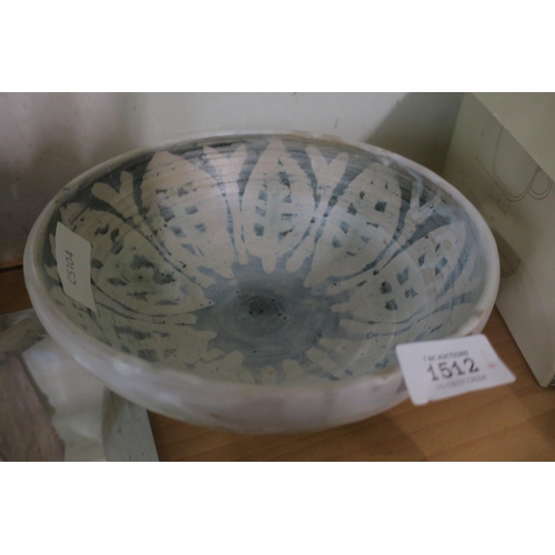 1512 - LARGE HAND MADE POTTERY FRUIT BOWL, WITH LOVELY BLUE WASH DESIGN