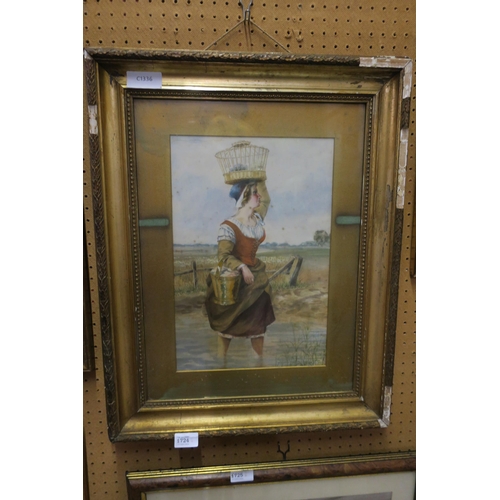 1724 - ANTIQUE FRAMED PRINT OF WASHER WOMAN