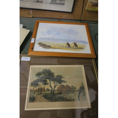 1744 - OOH A CRAB SIGNED PRINT AND FARMHOUSE SCENE