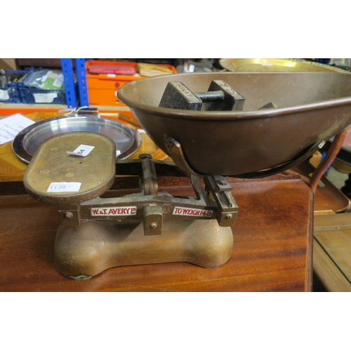 1120 - VERY LARGE SET OF W&T AVERY LTD WEIGHING SCALES WITH COPPER PAN AND HEAVY SOLID IRON WEIGHTS