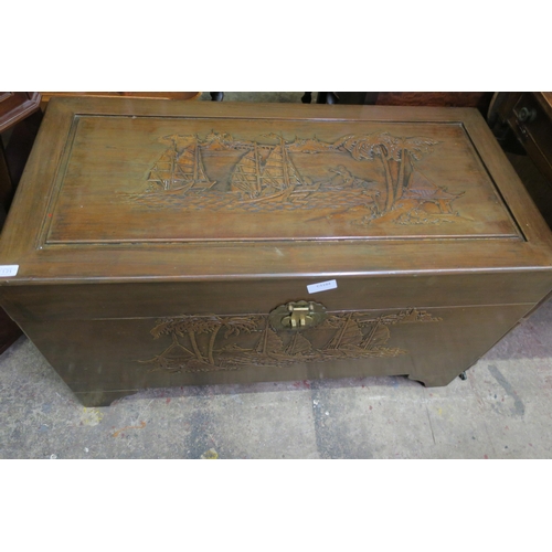 1121 - SINGAPOREAN CAMPHOR BLANKET CHEST - BEAUTIFUL CARVED PANELS DEPICTING SAILING SCENES