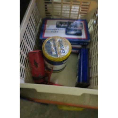 1297 - CRATE OF VINTAGE CAR STICKERS, GREASE TINS ETC.