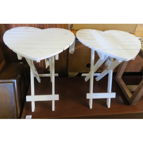 931 - PAIR OF WHITE HEART SHAPED WOODEN FOLDING TABLES