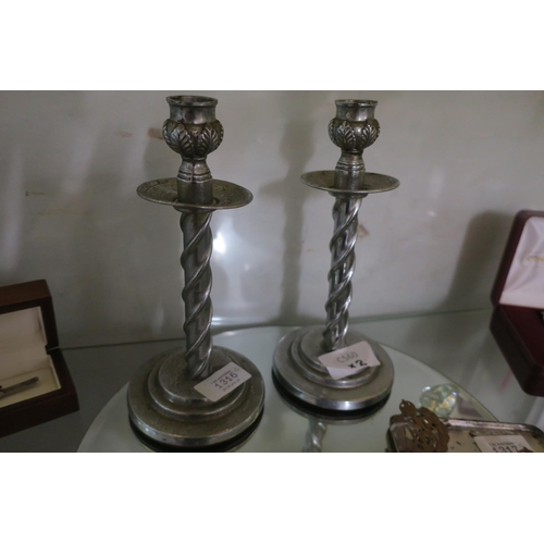 1316 - PAIR OF ATTRACTIVE WHITE METAL CANDLE STICKS WITH FEATHER DESIGN AND BARLEY TWIST STYLE STEMS