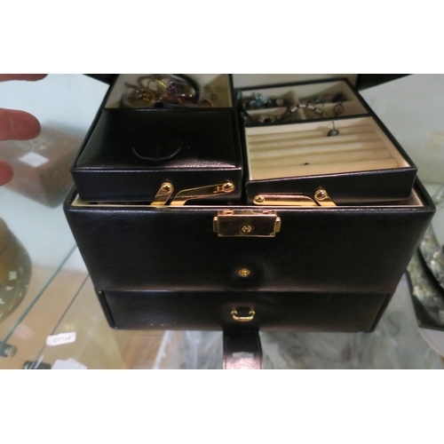 1357 - LARGE BLACK JEWELLERY BOX WITH CONTENTS