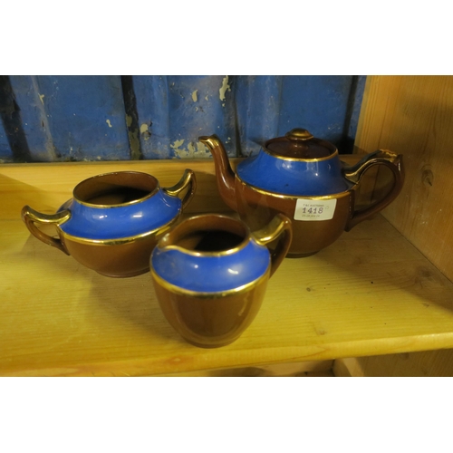 1418 - MID CENTURY TEA SET IN BROWN, BLUE AND GOLD