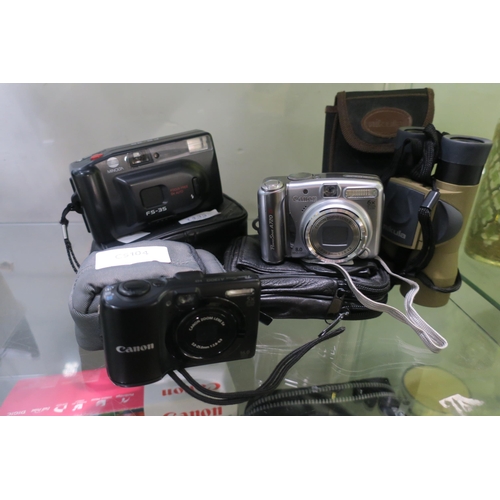 1433 - 3 CAMERAS IN CASES AND NIKULA BINOCULARS - MINOLTA FS-35, CANON POWER SHOT A720, CANON POWERSHOT A13... 