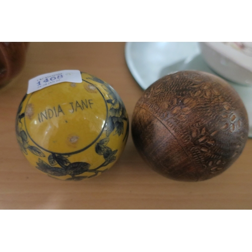 1468 - WOODEN BALL ART AND A CERAMIC BALL MADE IN INDIA