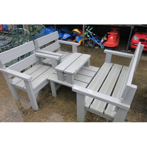 43 - GARDEN TIMBER PATIO SUITE - TWO CHAIRS, BENCH, FOOTREST AND TABLE