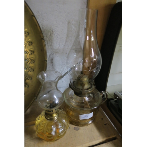 1409 - GLASS CHAMBER OIL LAMP AND SMALL GLASS OIL LAMP