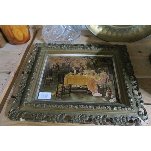 1412 - VICTORIAN CTYSTOLEUM PRINT - TEA PARTY BY FRANZ HANFSTAENGL IN ANTIQUE FRAME