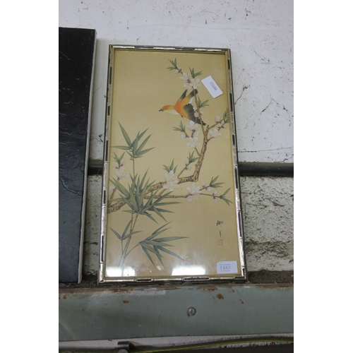 1443 - FRAMED CHINESE SILK PAINTING - FINCH ON CHERRY BRANCH