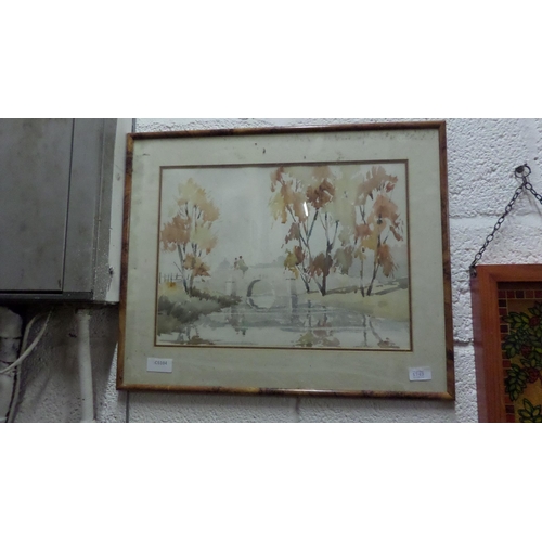 1743 - FRAMED VINTAGE WATERCOLOUR - MOTHER AND CHILD SEATED ON BRIDGE BY LESLIE MARSH