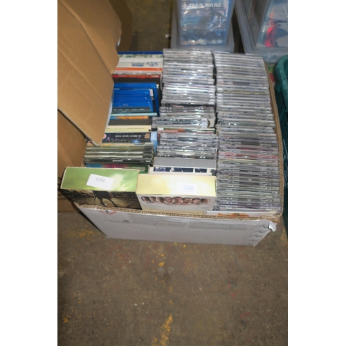 1056 - A BIG BOX WITH A VARIETY OF DVDS, CDS AND CASES