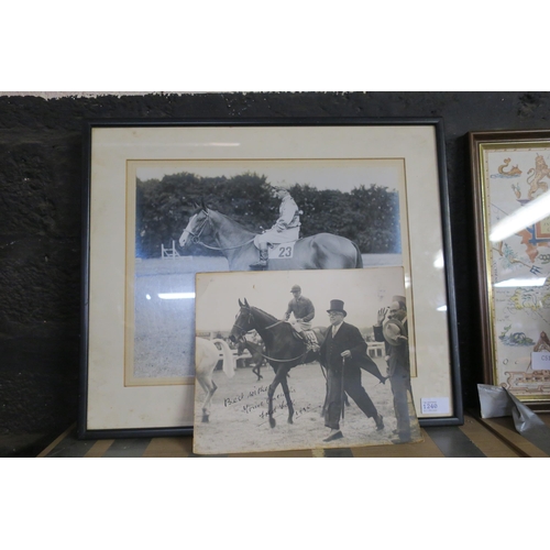 1240 - FRAMED PRINT OF THE RACEHORSE PINZA SIGNED BY JOCKEY GORDON RICHARDS DATED 1953, AND PHOTOGRAPHIC PR... 