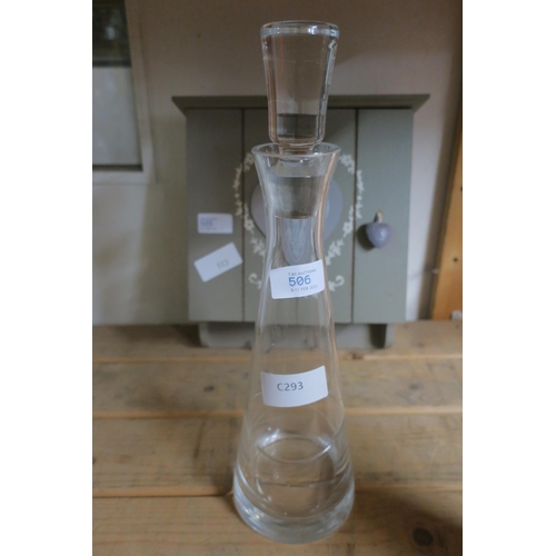 506 - LOVELY TALL GLASS DECANTOR WITH STOPPER , ETCHED DESIGN